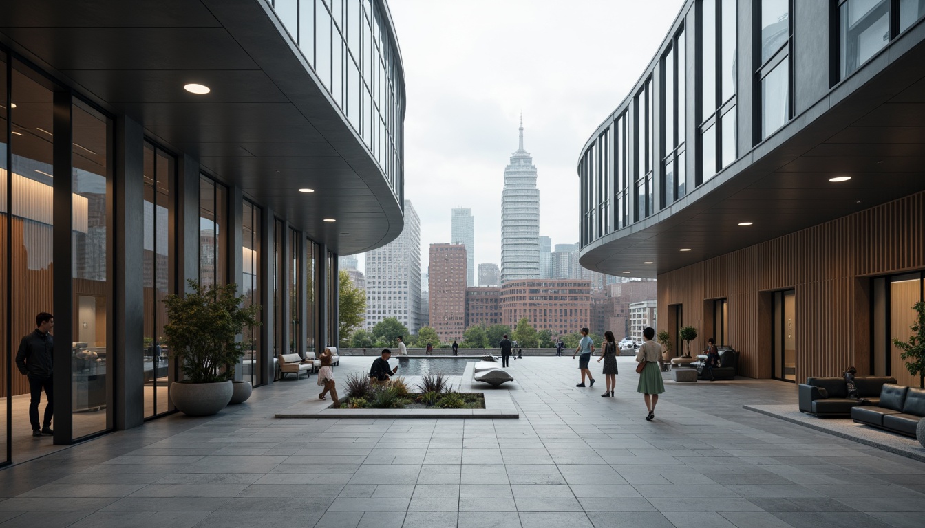 Prompt: Sleek modern buildings, curved lines, metallic surfaces, reflective glass facades, polished concrete floors, minimalist decor, industrial chic accents, reclaimed wood textures, exposed ductwork, urban cityscape, cloudy grey skies, soft diffused lighting, shallow depth of field, 2/3 composition, cinematic view, realistic reflections, ambient occlusion.