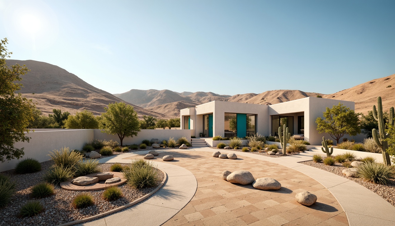 Prompt: Arid desert landscape, sandy dunes, cactus plants, succulent gardens, hot sunny day, clear blue sky, vast open space, modern minimalist architecture, sleek stucco buildings, adobe-inspired walls, drought-resistant vegetation, xeriscaping, gravel pathways, ornamental rocks, desert willow trees, vibrant turquoise accents, warm golden lighting, shallow depth of field, 1/1 composition, realistic textures, ambient occlusion.