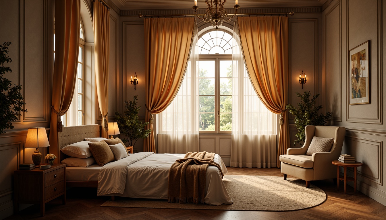 Prompt: Whimsical boudoir, soft velvety drapes, flowing silk curtains, delicate lace trimmings, ornate wooden shutters, distressed finishes, vintage hardware, romantic candlelight, warm golden hues, plush area rugs, luxurious fabrics, billowy sheers, subtle patterns, elegant folds, dramatic swags, opulent tassels, lavish trims, intimate ambiance, cozy nooks, relaxing atmosphere, soft focus, warm color palette, 1/2 composition, shallow depth of field.