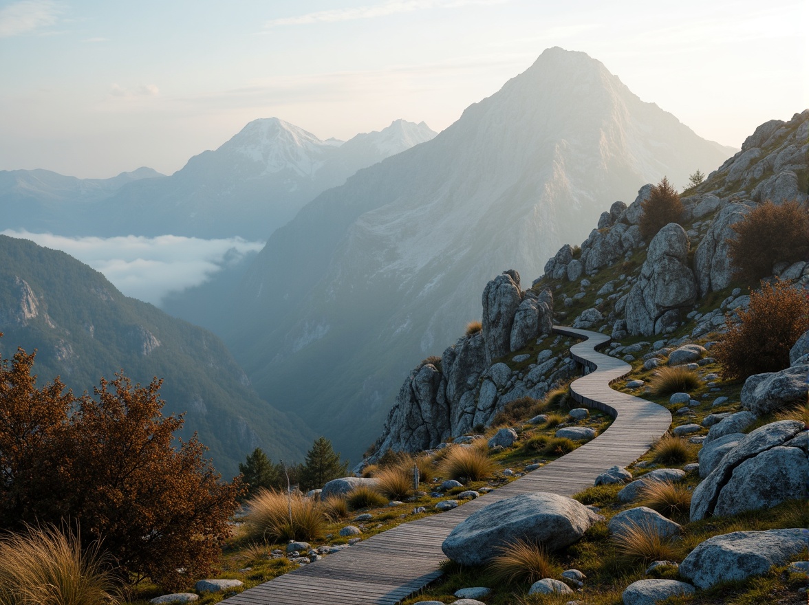 Prompt: Majestic mountain range, rugged rocky formations, serene misty atmosphere, earthy tone color palette, moss-covered stones, weathered wooden accents, natural linen textures, soft warm lighting, shallow depth of field, 1/2 composition, realistic rock details, ambient occlusion, gentle fog effects, subtle gradient skies, creamy whites, soothing blues, muted greens, rusty reds, earthy browns.