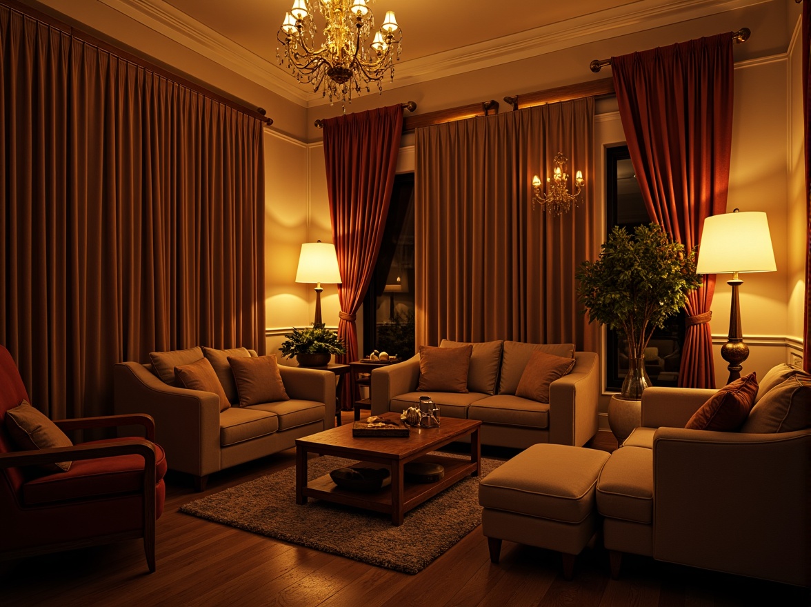 Prompt: Cozy living room, warm ambient glow, softbox lighting, velvet drapes, luxurious furniture, rich wood tones, ornate chandeliers, golden accents, creamy walls, intimate atmosphere, relaxing mood, warm color palette, subtle shading, cinematic lighting, dramatic spotlighting, 1/2 composition, low-key illumination, mysterious shadows, realistic reflections.