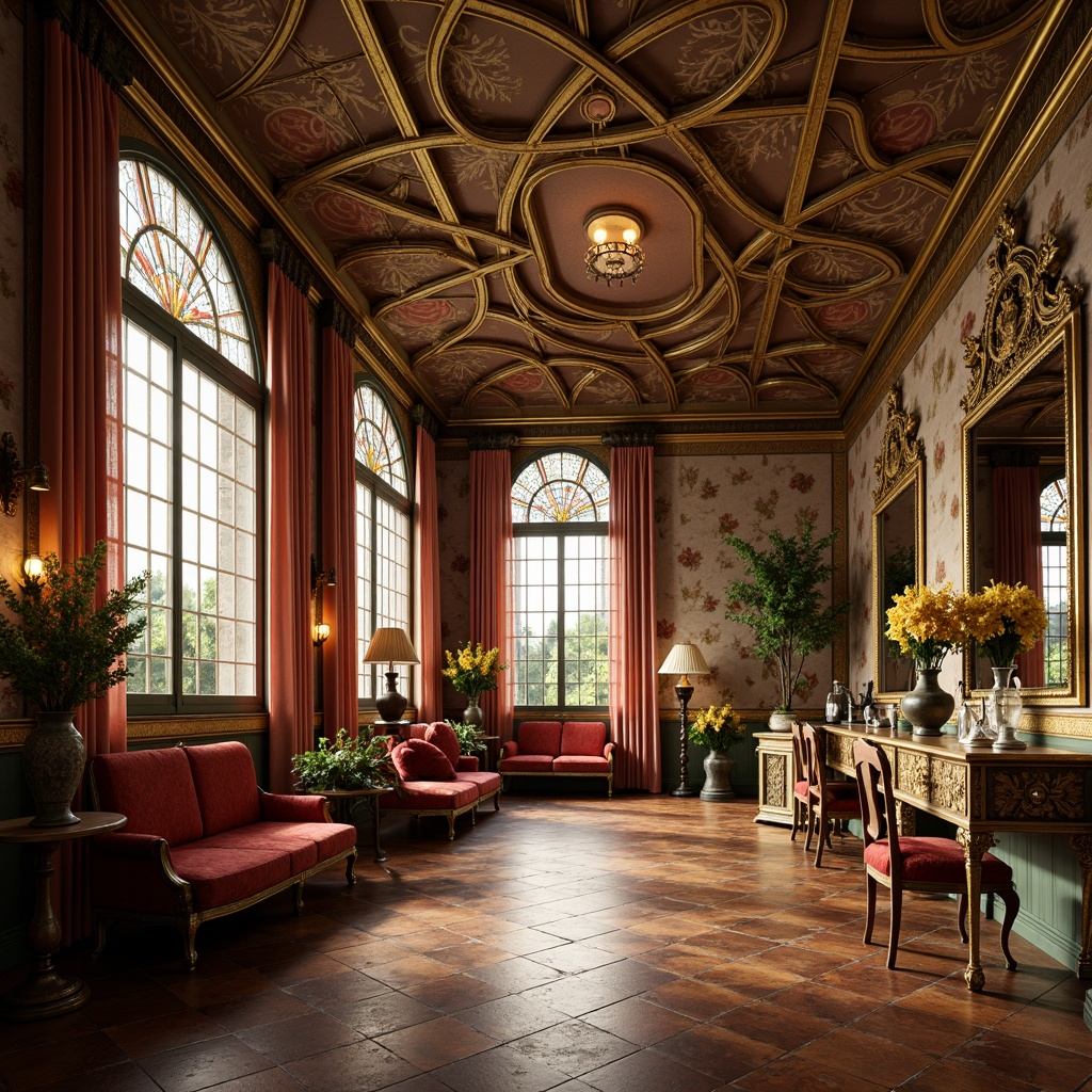 Prompt: Ornate interior, flowing curves, organic forms, sinuous lines, botanical motifs, stained glass windows, intricate mosaics, luxurious fabrics, velvet drapes, polished wooden floors, ornamental mirrors, gilded accents, elegant furniture, sculptural details, warm golden lighting, soft focus, shallow depth of field, 2/3 composition, atmospheric perspective.