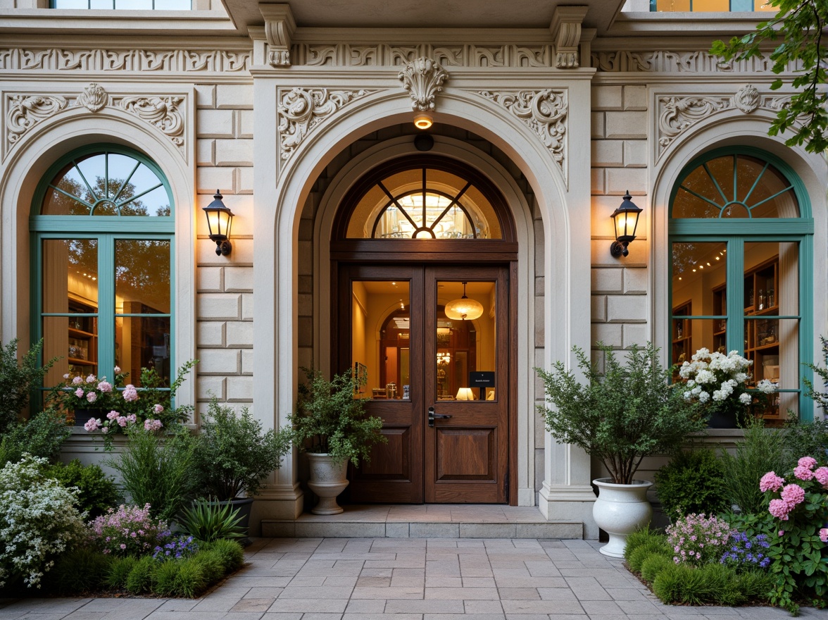 Prompt: Whimsical clinic facade, ornate Victorian details, soft pastel colors, delicate filigree patterns, grand entrance archways, stained glass windows, intricate stone carvings, lush greenery, blooming flowers, natural stone walls, warm golden lighting, shallow depth of field, 1/1 composition, romantic atmosphere, nostalgic feel, vintage medical equipment, distressed wood textures, elegant typography, ornate metalwork, subtle weathering effects.