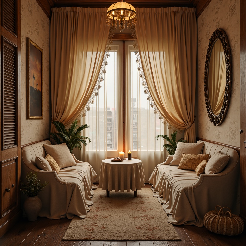 Prompt: Whimsical boudoir, soft velvety drapes, flowing silk curtains, delicate lace trimmings, ornate wooden shutters, distressed finishes, vintage hardware, romantic candlelight, warm golden hues, plush area rugs, luxurious fabrics, billowy sheers, subtle patterns, elegant folds, dramatic swags, opulent tassels, lavish trims, intimate ambiance, cozy nooks, relaxing atmosphere, soft focus, warm color palette, 1/2 composition, shallow depth of field.