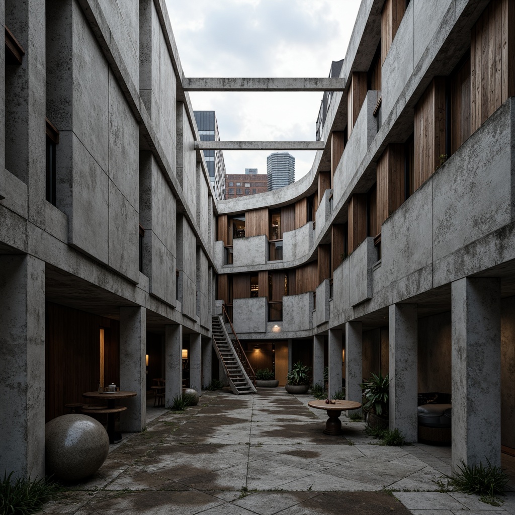 Prompt: Rough-hewn concrete walls, rugged stone facades, brutalist fortress-like structures, industrial metal beams, exposed ductwork, raw unfinished surfaces, distressed wood accents, weathered steel panels, urban cityscape backdrop, overcast skies, dramatic shadows, high-contrast lighting, abstract geometric patterns, bold monochromatic color scheme, 1/1 composition, low-angle shot, gritty realistic textures, ambient occlusion.