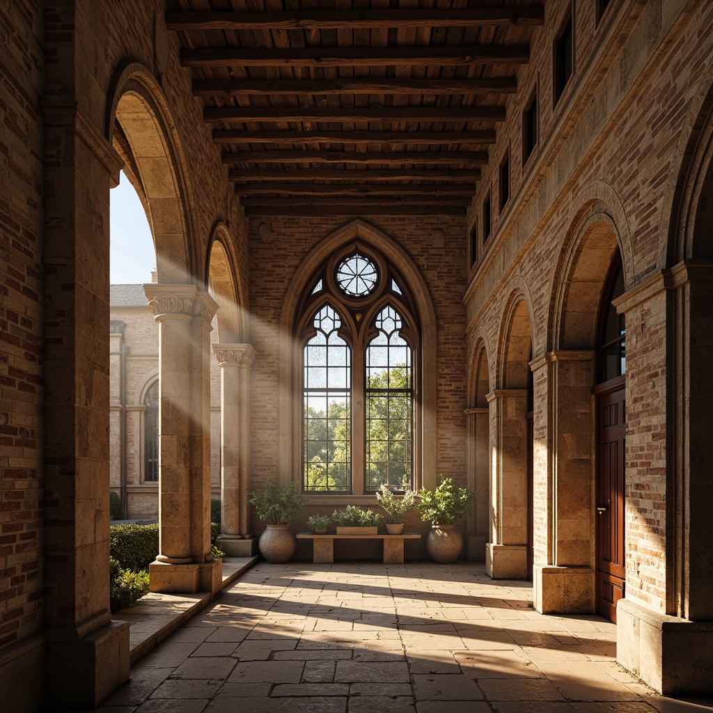 Prompt: Rustic stone walls, ornate carvings, grand arched windows, stained glass details, intricate column capitals, weathered brick facades, medieval-inspired architecture, warm golden lighting, soft misty atmosphere, shallow depth of field, 1/2 composition, symmetrical framing, rich textures, ambient occlusion.