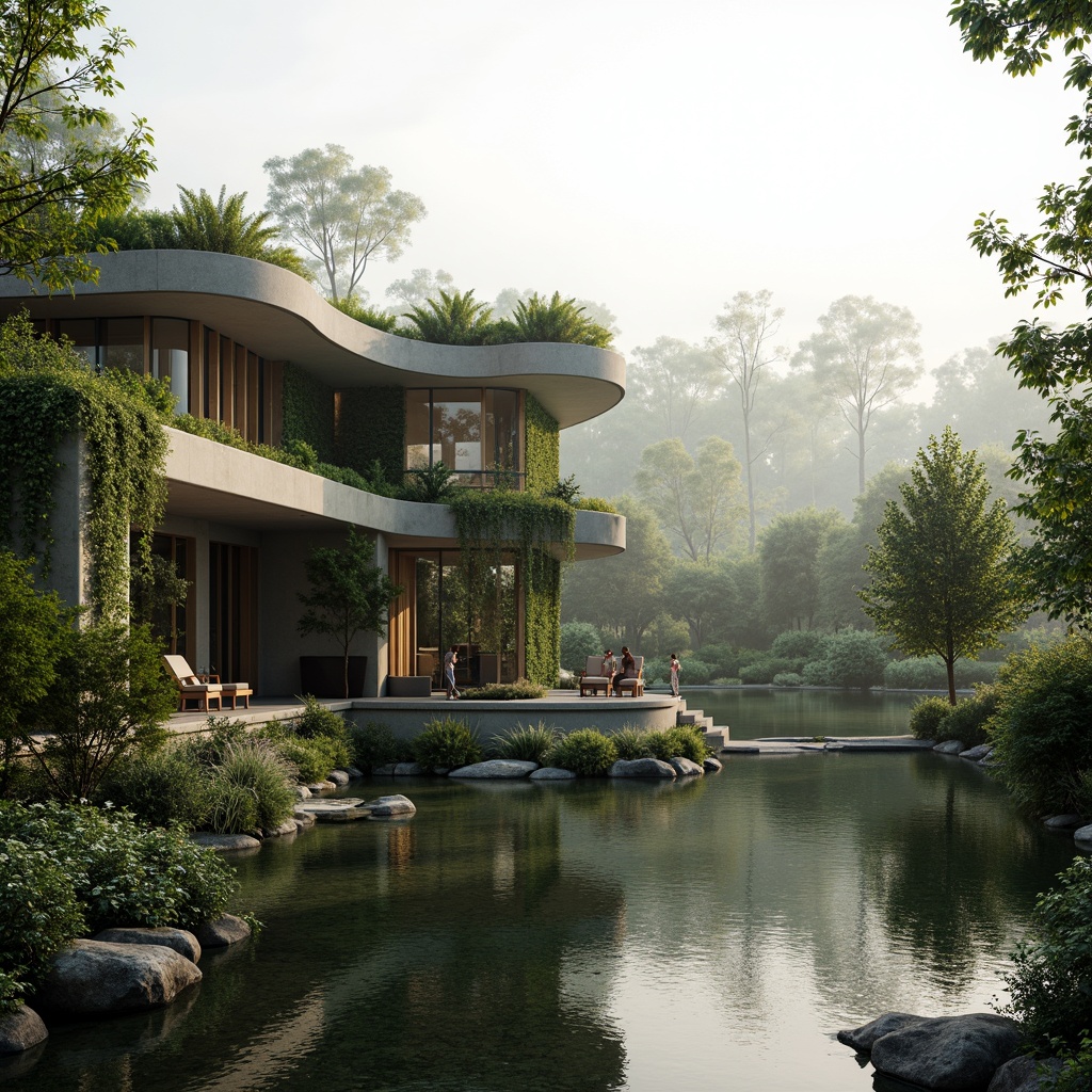 Prompt: Curved building silhouette, sleek modern architecture, integrated landscape design, lush green roofs, vertical gardens, natural stone walls, minimalist water features, serene pond reflections, surrounding forest views, misty morning atmosphere, soft warm lighting, shallow depth of field, 3/4 composition, panoramic view, realistic textures, ambient occlusion, organic shapes, flowing lines, harmonious color palette, eco-friendly materials, sustainable design solutions.