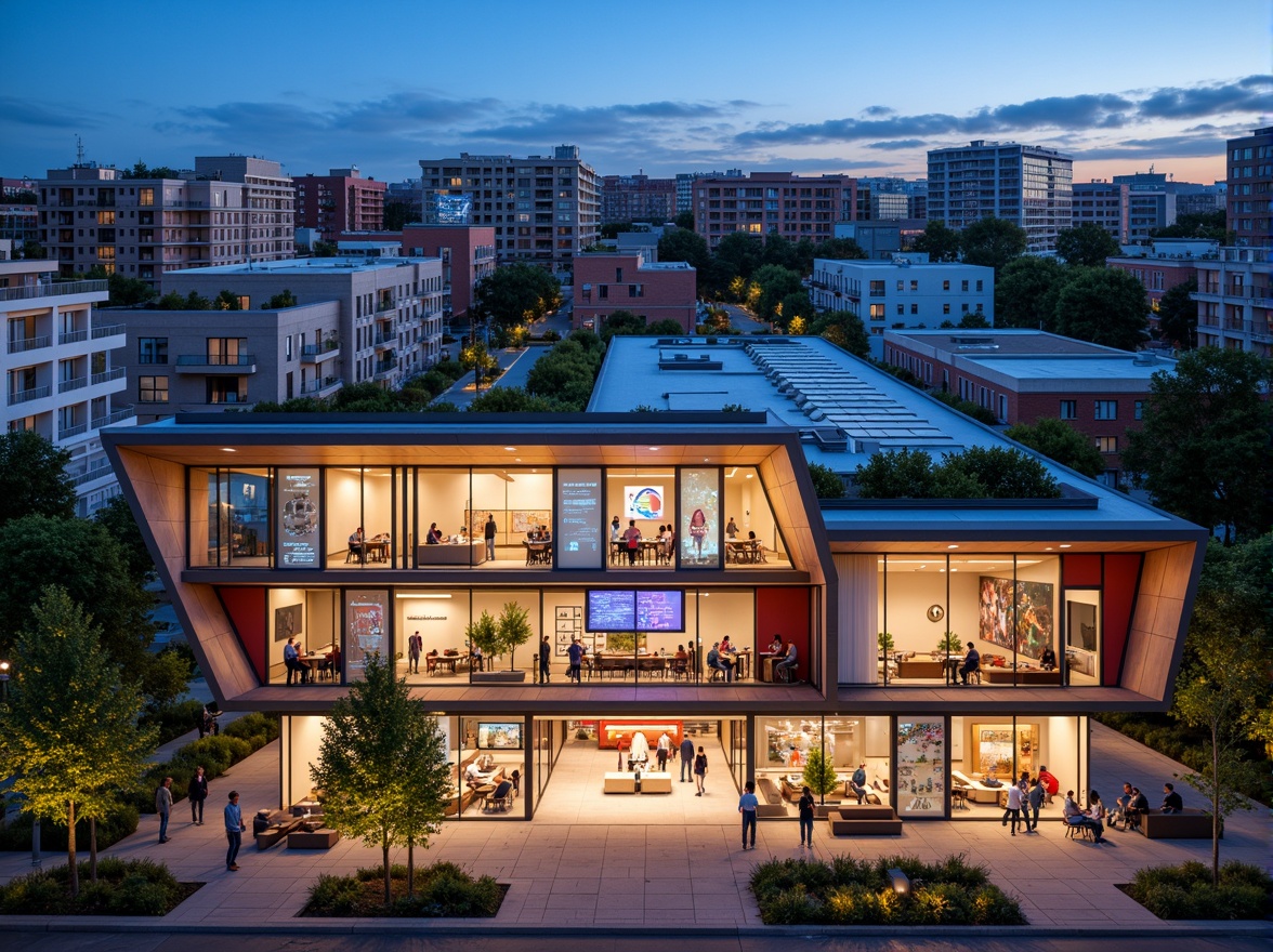 Prompt: Vibrant community center, modern facade design, angular lines, bold color schemes, dynamic LED lighting, cantilevered rooflines, large glass windows, sliding doors, open-air balconies, urban landscape, bustling streets, diverse cultural patterns, eclectic architectural styles, sustainable building materials, green roofs, solar panels, wind turbines, public art installations, interactive exhibits, community gardens, lively street furniture, warm evening ambiance, softbox lighting, shallow depth of field, 2/3 composition, realistic textures, ambient occlusion.