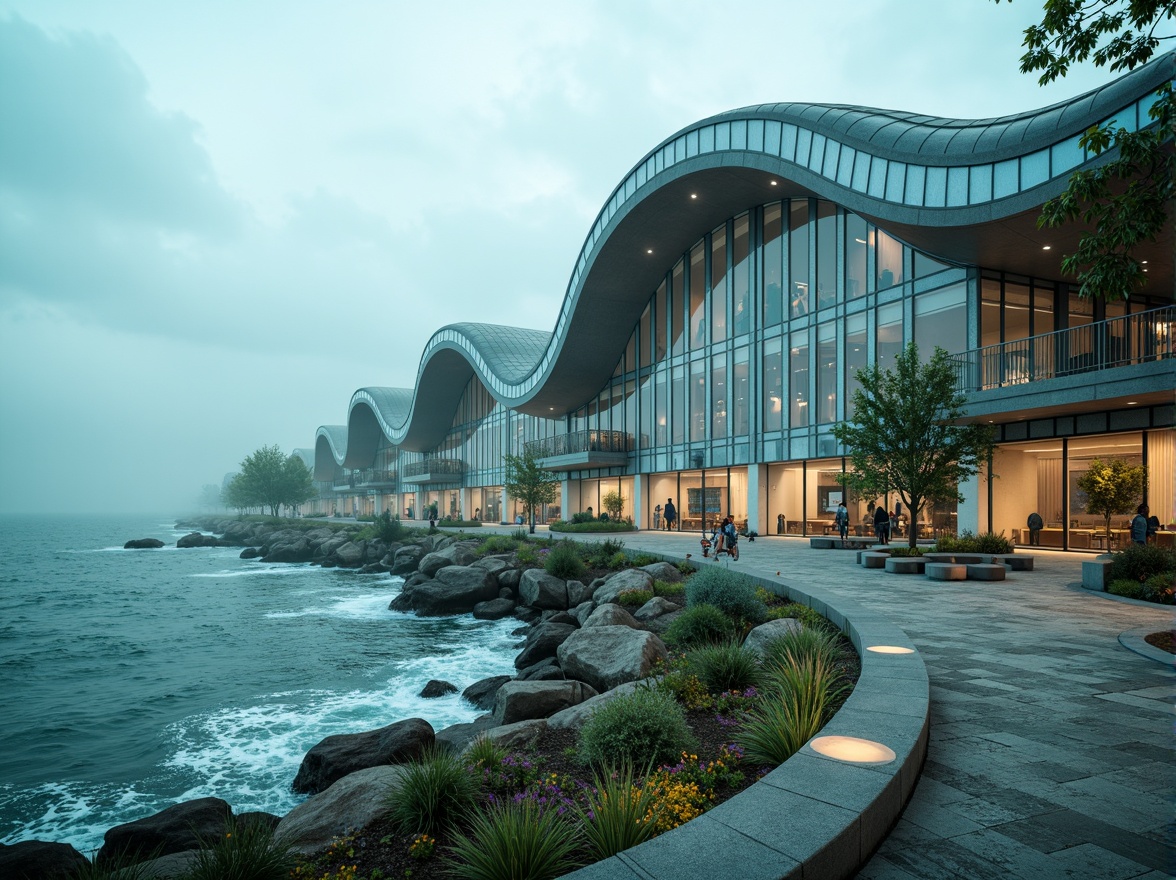 Prompt: Curved ocean-inspired fa\u00e7ade, iridescent glass panels, wave-like rooflines, cantilevered structures, metallic accents, nautical-themed ornaments, seaside promenade, driftwood benches, salt-tolerant vegetation, misty ocean air, soft blue-green lighting, shallow depth of field, 1/2 composition, wide-angle lens, cinematic atmosphere, futuristic materials, sustainable energy harvesting systems, tidal-powered generators, wind-swept textures, atmospheric water effects.