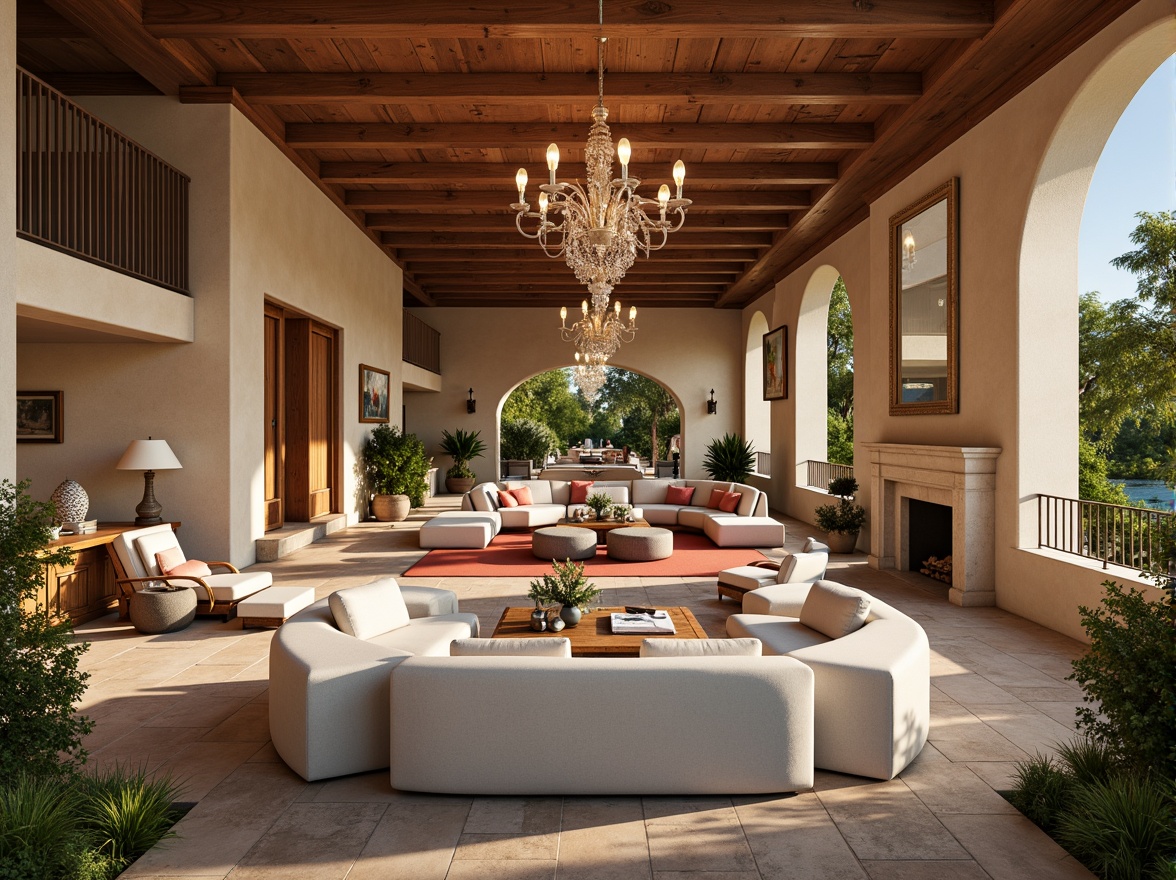 Prompt: Warm beige walls, rich wood accents, soft cream furnishings, calming blue hues, earthy terracotta tones, vibrant coral highlights, lush greenery, natural stone flooring, elegant chandeliers, cozy fireplaces, plush textiles, inviting ambiance, warm golden lighting, shallow depth of field, 3/4 composition, panoramic view, realistic textures, ambient occlusion.