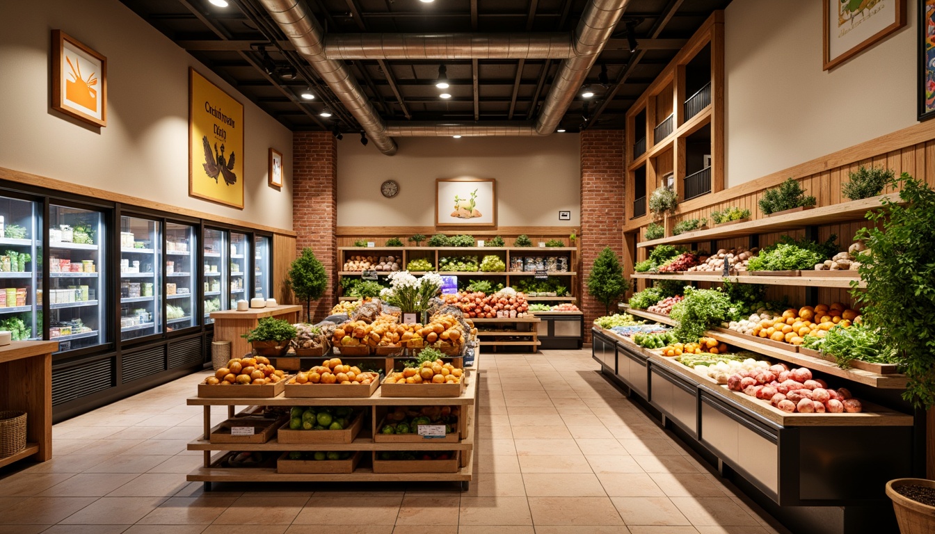 Prompt: Vibrant grocery store interior, warm beige walls, rich wood accents, fresh green produce stands, colorful fruit displays, modern metal shelving, sleek glass refrigerators, earthy terracotta flooring, natural stone countertops, rustic wooden crates, lively orange and yellow signage, soft warm lighting, shallow depth of field, 1/1 composition, realistic textures, ambient occlusion.