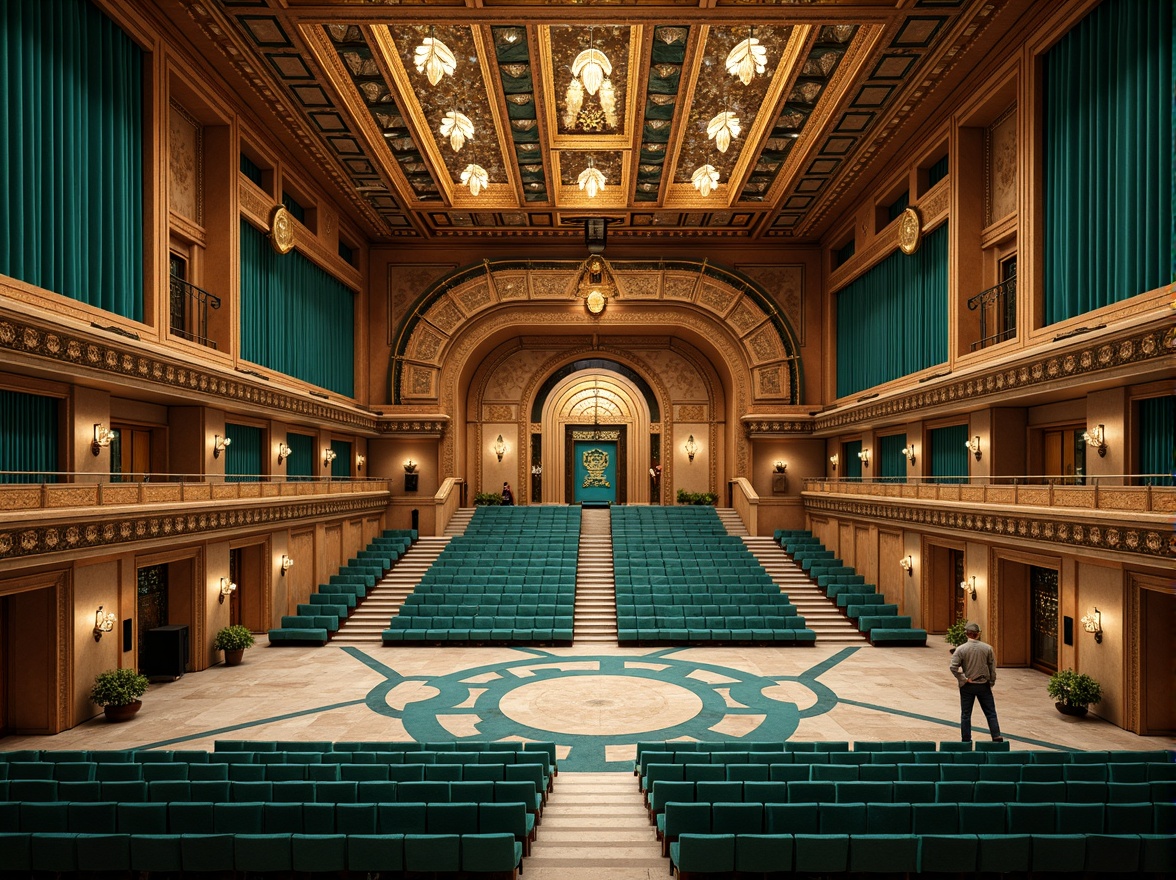 Prompt: Grand amphitheater, ornate Art Deco facade, geometric patterns, metallic accents, vibrant turquoise details, tiered seating, curved staircases, luxurious velvet drapes, golden lighting fixtures, polished marble floors, intricate mosaics, symmetrical composition, 1/1 aspect ratio, soft warm spotlighting, shallow depth of field, realistic reflections, ambient occlusion.