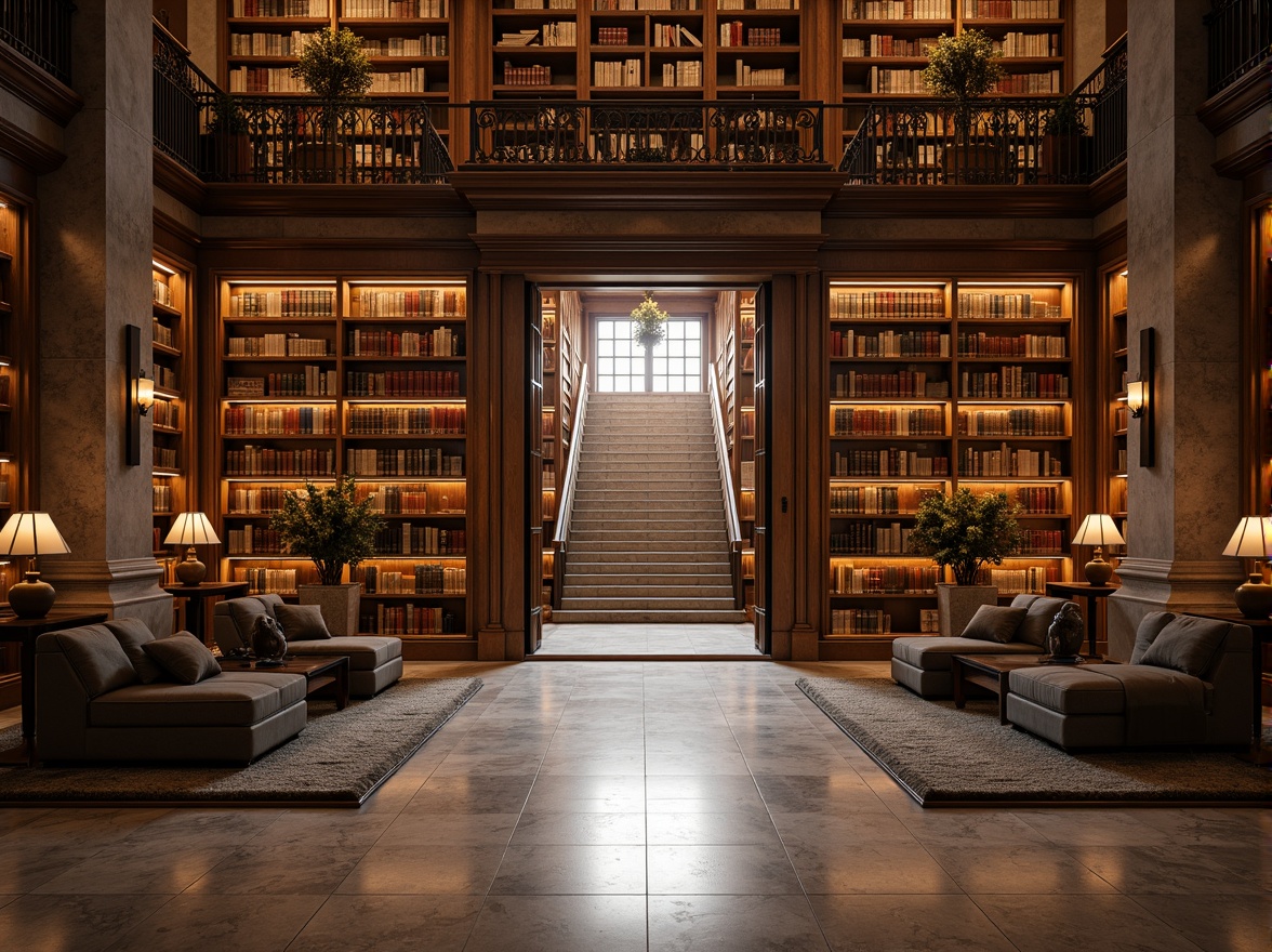 Prompt: Grand library entrance, ornate wooden doors, polished marble floors, towering bookshelves, rich leather-bound tomes, warm golden lighting, comfortable reading nooks, elegant staircase, subtle wood grain textures, smooth stone columns, intricate metalwork details, classic architectural elements, serene atmosphere, soft focus, shallow depth of field, 1/2 composition, realistic renderings.