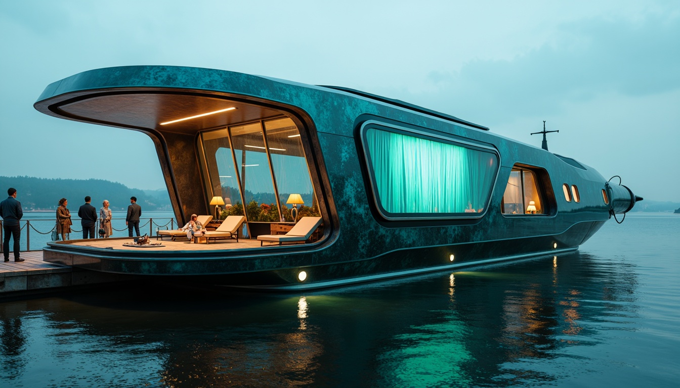 Prompt: Futuristic boathouse, metallic accents, iridescent hues, neon lights, glowing aqua tones, sleek glass surfaces, reflective chrome details, weathered wood textures, nautical ropes, porthole windows, angular lines, minimalist decor, ambient LED lighting, misty morning atmosphere, shallow water reflections, 1/1 composition, realistic renderings, high-contrast colors, vibrant turquoise accents.