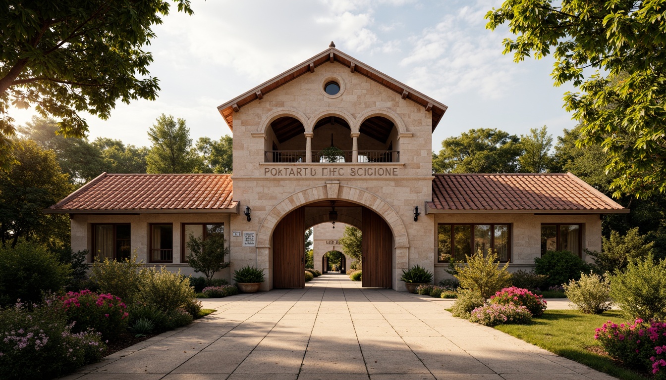 Prompt: Rustic school building, Romanesque style architecture, terracotta roofing tiles, curved archways, ornate stone carvings, grand entrance gates, vibrant greenery, blooming flowers, educational signage, natural stone pathways, worn brick walls, weathered wooden doors, warm golden lighting, soft shadows, 3/4 composition, symmetrical framing, realistic textures, ambient occlusion.