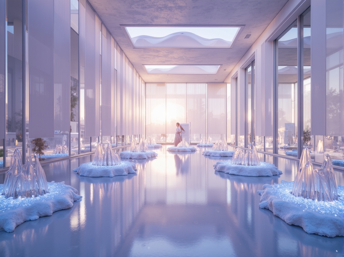 Prompt: Ethereal atmosphere, soft diffused light, delicate translucent fabrics, iridescent glass surfaces, shimmering crystal prisms, luminous LED installations, futuristic architecture, sleek minimalist design, subtle color gradients, ambient occlusion, misty morning dew, gentle warm glow, 1/1 composition, realistic reflections, high-key lighting.