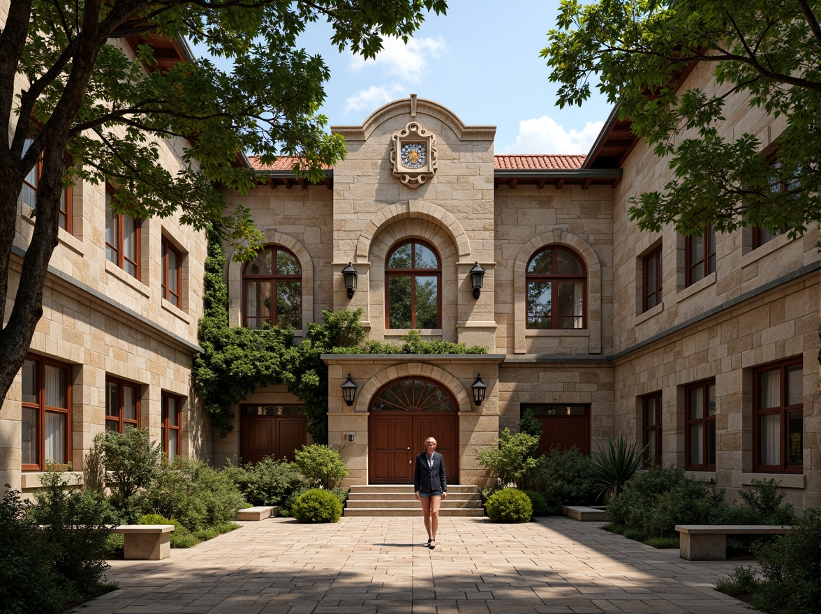 Prompt: Rustic school building, Romanesque style, earthy tones, rough-hewn stone walls, ornate arches, heavy wooden doors, stained glass windows, vibrant greenery, lush ivy, weathered copper roofs, aged brick facades, intricate carvings, ornamental columns, grand entrance halls, warm natural lighting, soft shadows, 3/4 composition, shallow depth of field, realistic textures, ambient occlusion.