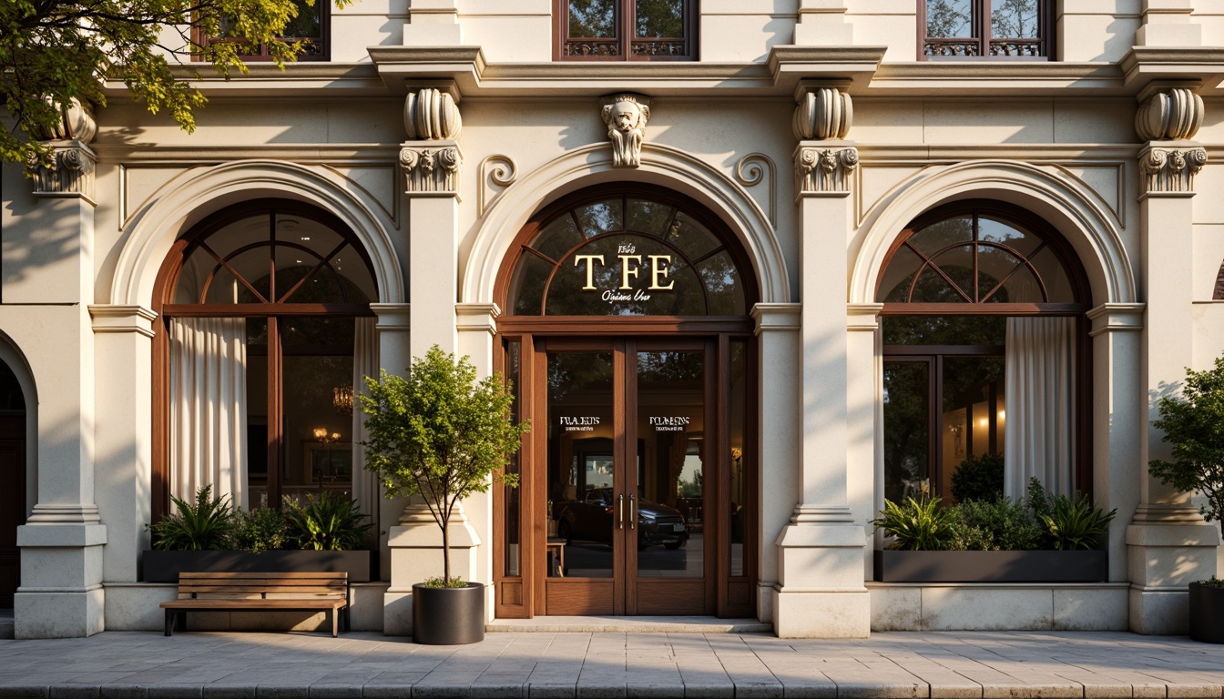 Prompt: Elegant coffee shop facade, neoclassical architecture style, symmetrical composition, ornate details, grand entrance, arched windows, Corinthian columns, cream-colored stone walls, subtle rustication, decorative pilasters, ornamental pediment, rich wood accents, bronze door handles, vintage-inspired signage, soft warm lighting, inviting atmosphere, urban street context, morning sunlight, shallow depth of field, 1/2 composition, realistic textures, ambient occlusion.