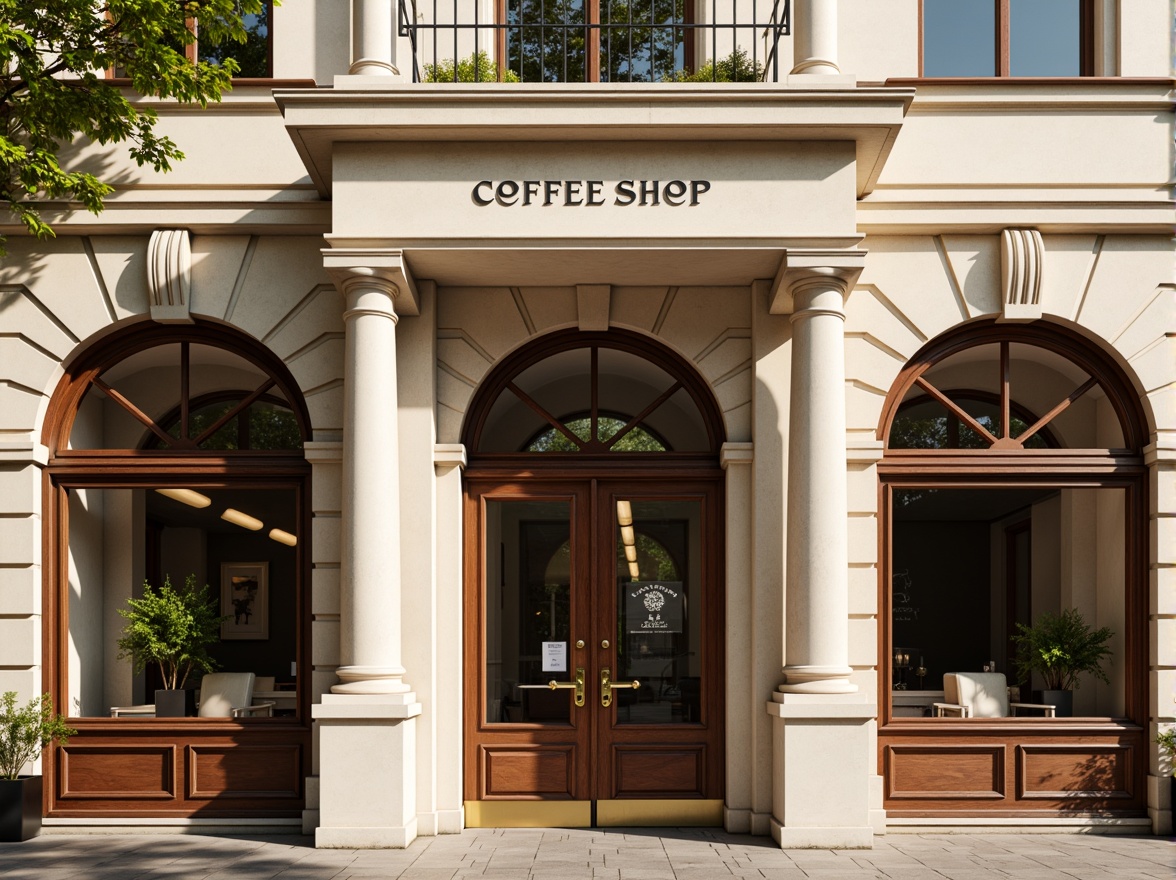 Prompt: Elegant coffee shop facade, neoclassical architecture style, symmetrical composition, ornate details, grand entrance, arched windows, Corinthian columns, cream-colored stone walls, subtle rustication, decorative pilasters, ornamental pediment, rich wood accents, bronze door handles, vintage-inspired signage, soft warm lighting, inviting atmosphere, urban street context, morning sunlight, shallow depth of field, 1/2 composition, realistic textures, ambient occlusion.