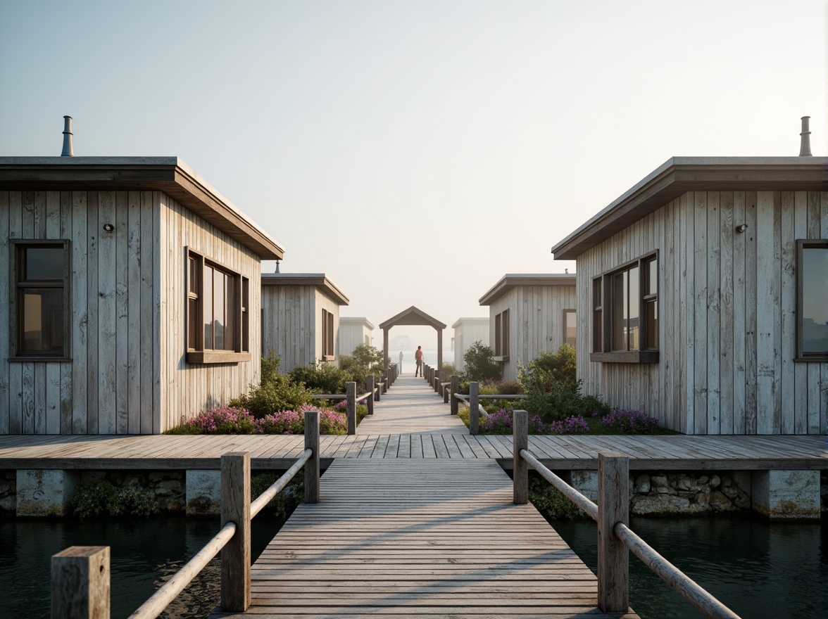 Prompt: Weathered wooden docks, driftwood accents, sea-salt sprayed windows, ocean-inspired blues, sandy neutrals, coral reef pinks, seaweed greens, foggy misty mornings, warm golden lighting, shallow depth of field, 1/1 composition, symmetrical architecture, minimalist design, natural stone foundations, rustic metal fixtures, nautical rope details, beachy textures, soft ambient occlusion.