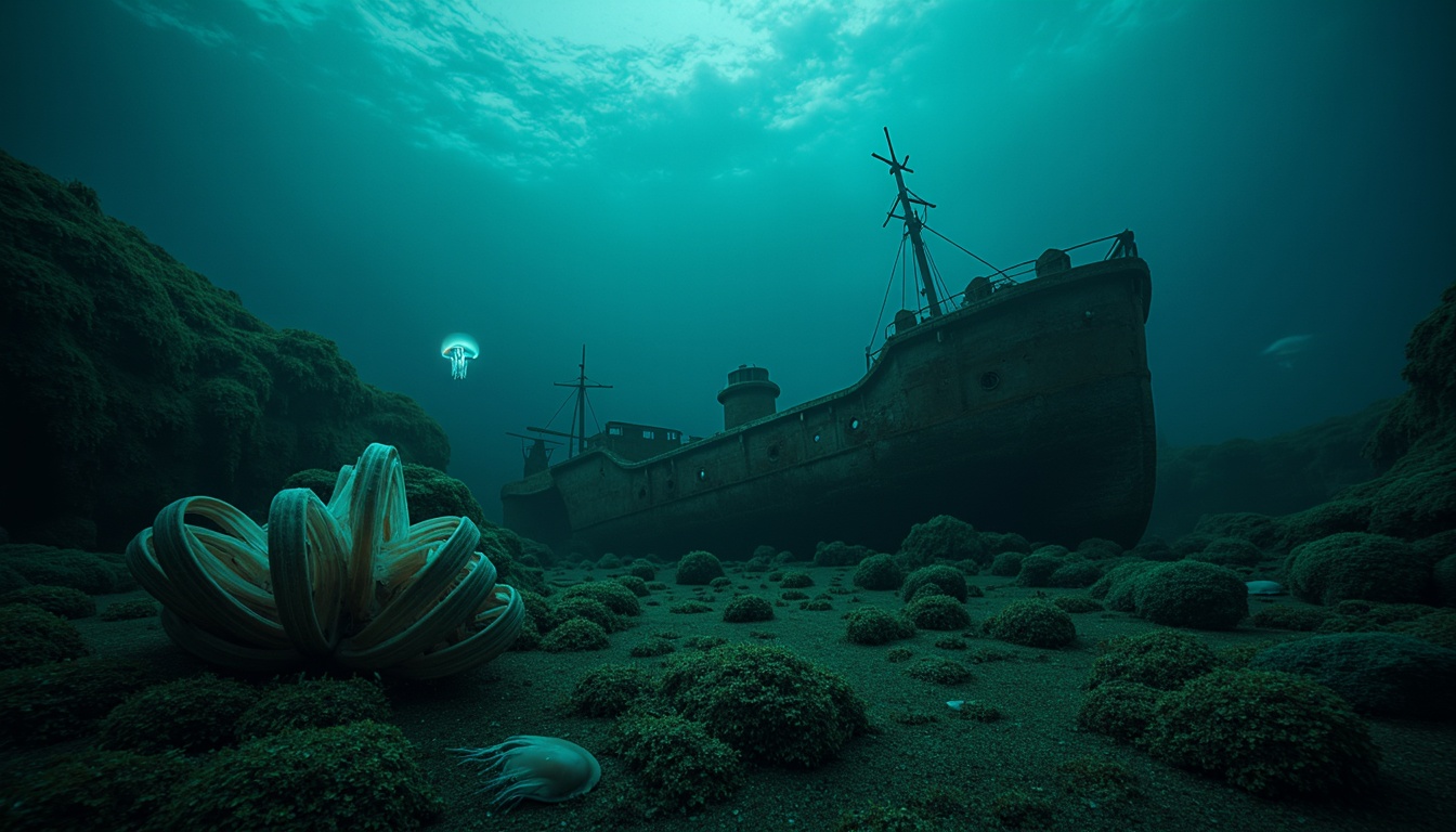 Prompt: Mysterious underwater scene, dark cyan hues, eerie bioluminescent creatures, glowing jellyfish, abandoned shipwreck, rusty metal debris, seaweed-covered rocks, misty ocean atmosphere, soft blue-green lighting, shallow depth of field, 1/2 composition, cinematic mood, realistic water textures, subtle ambient occlusion.