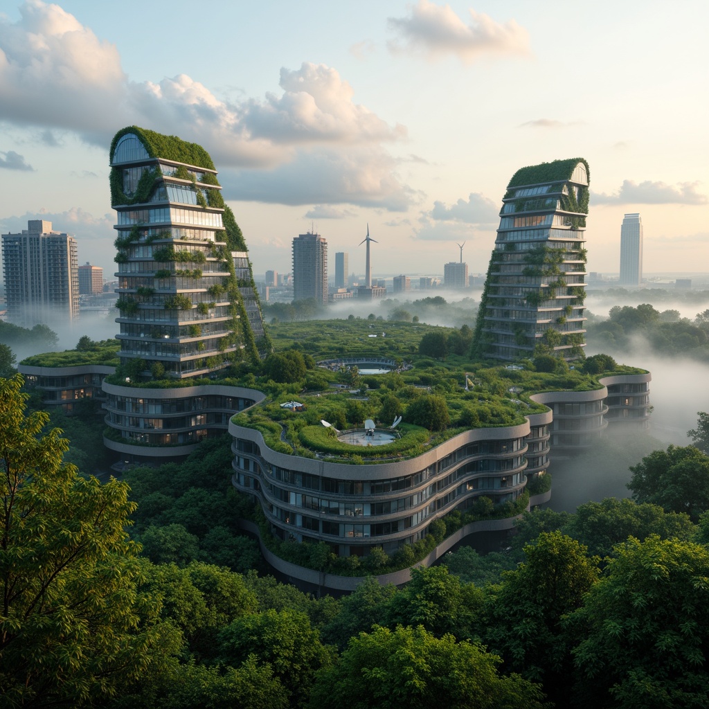 Prompt: Curved skyscraper blobs, lush green roofs, tropical plants, misty atmosphere, foggy mornings, reflective glass fa\u00e7ades, futuristic architecture, sustainable energy systems, wind turbines, solar panels, water harvesting systems, organic shapes, flowing lines, parametric design, cantilevered structures, panoramic city views, dramatic cloud formations, soft warm lighting, shallow depth of field, 3/4 composition, realistic textures, ambient occlusion.