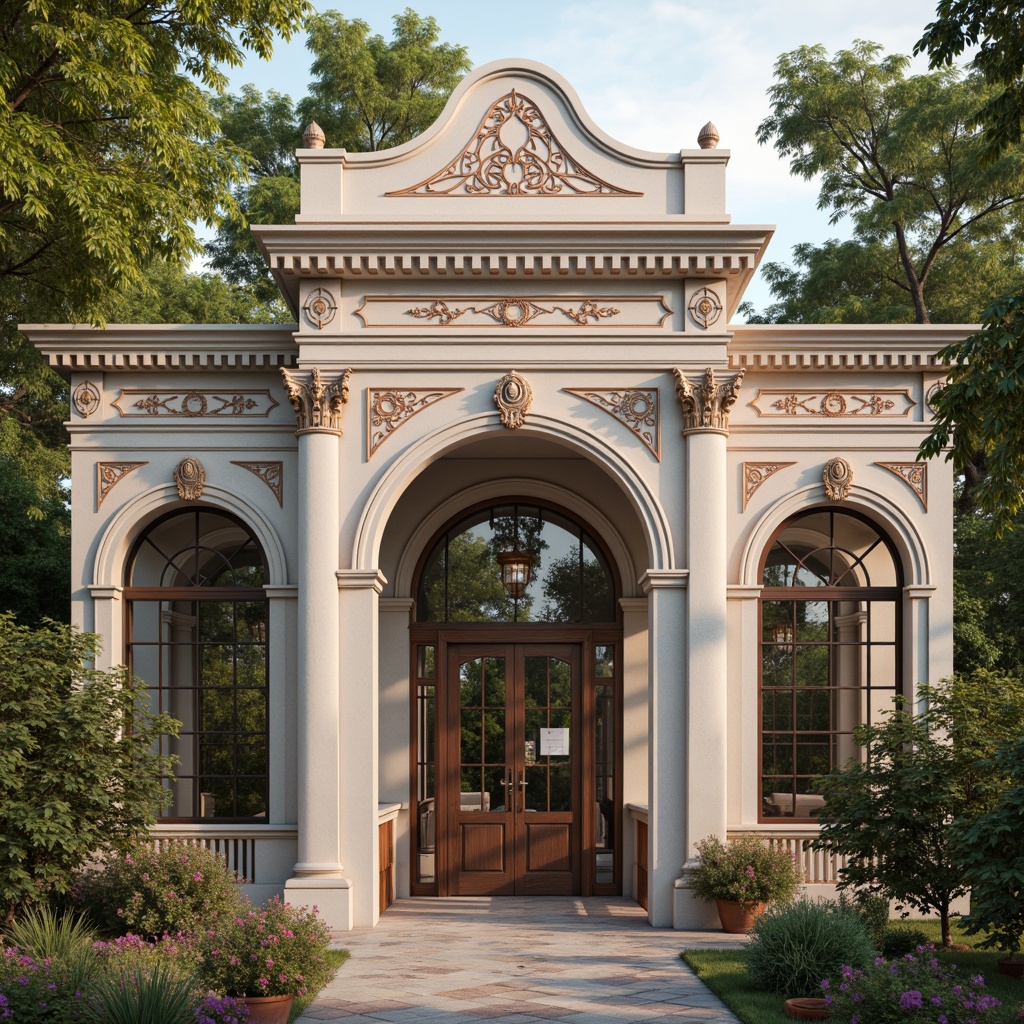 Prompt: Whimsical clinic facade, ornate Victorian details, soft pastel colors, delicate filigree patterns, grand entrance archways, elegant columns, intricate stonework, lush greenery, blooming flowers, natural stone walls, stained glass windows, warm golden lighting, shallow depth of field, 1/2 composition, romantic atmosphere, realistic textures, ambient occlusion.