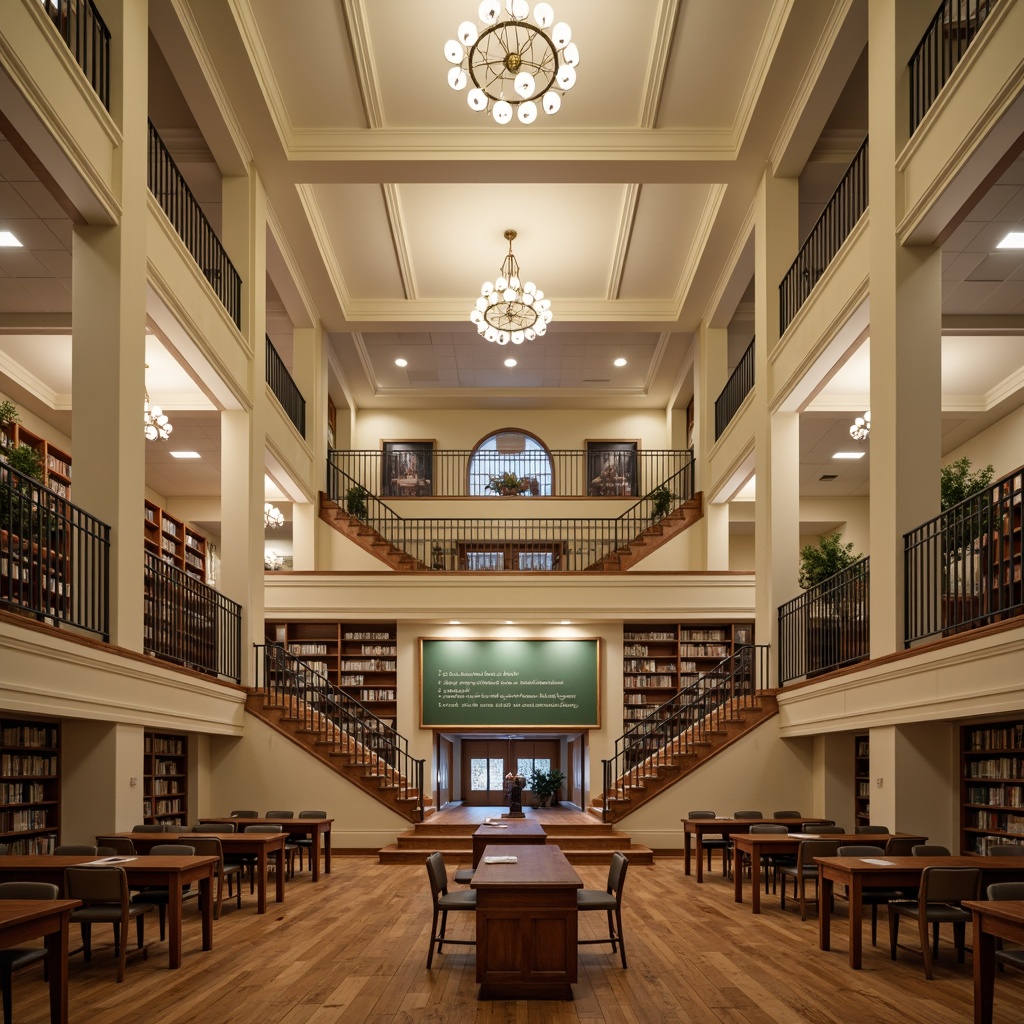 Prompt: Rustic wooden flooring, cream-colored walls, high ceilings, ornate chandeliers, grand staircases, elegant corridors, spacious lecture halls, comfortable seating areas, wooden desks, green chalkboards, motivational quotes, traditional library settings, tall bookshelves, cozy reading nooks, warm lighting, subtle color schemes, classic architectural details, symmetrical compositions, 1/1 aspect ratio, softbox lighting, realistic textures, ambient occlusion.