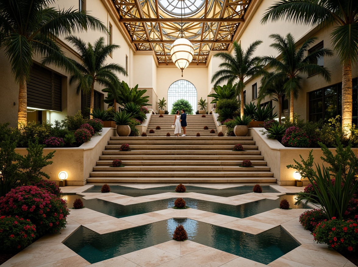 Prompt: Luxuriant gardens, ornate fountains, curved staircases, metallic accents, geometric patterns, vibrant tropical plants, palm trees, floral motifs, sunburst designs, zigzag lines, chevron shapes, luxurious textiles, rich jewel tones, opulent lighting fixtures, grand entranceways, symmetrical compositions, cinematic perspectives, shallow depth of field, 1/1 composition, high-contrast imagery, dramatic shadows, realistic reflections.