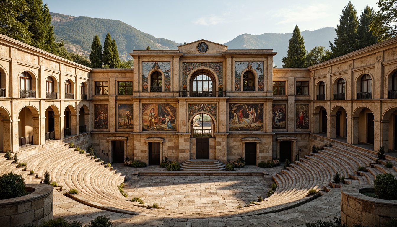 Prompt: Rustic Romanesque amphitheater, weathered stone fa\u00e7ade, arched windows, ornate carvings, grand entrance gates, tiered seating, vibrant fresco paintings, intricate mosaic patterns, warm golden lighting, soft afternoon sun, shallow depth of field, 1/2 composition, symmetrical architecture, imposing columns, ornamental capitals, textured stonework, earthy color palette, Mediterranean landscape, rolling hills, cypress trees, serene atmosphere.