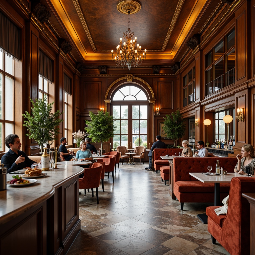 Prompt: Elegant coffee shop interior, rich wood tones, polished marble countertops, ornate gold accents, velvet upholstery, intricate moldings, high ceilings, grand chandeliers, soft warm lighting, natural stone flooring, luxurious fabrics, refined metalwork, subtle patterns, sophisticated color palette, classic proportions, symmetrical composition, shallow depth of field, 1/1 aspect ratio, realistic textures, ambient occlusion.