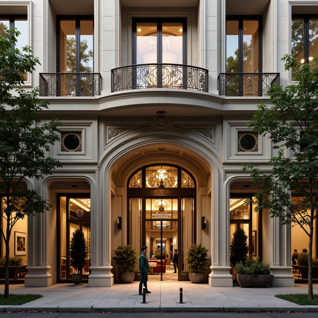 Prompt: Ornate hotel facade, sinuous lines, flowing curves, organic forms, luxurious entrance, grand lobby, stained glass doors, intricate ironwork, ornamental balconies, floral patterns, golden accents, soft warm lighting, afternoon sun, shallow depth of field, 1/1 composition, realistic textures, ambient occlusion, elegant archways, decorative moldings, vintage signage, refined materials, sophisticated color palette.