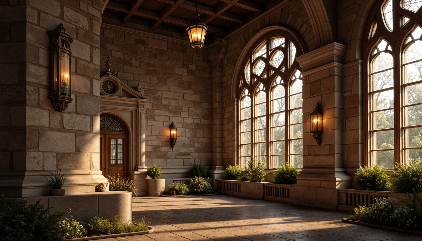 Prompt: Rustic stone walls, ornate carvings, grand arched windows, stained glass details, intricate column capitals, weathered brick facades, medieval-inspired architecture, warm golden lighting, soft misty atmosphere, shallow depth of field, 1/2 composition, symmetrical framing, rich textures, ambient occlusion.