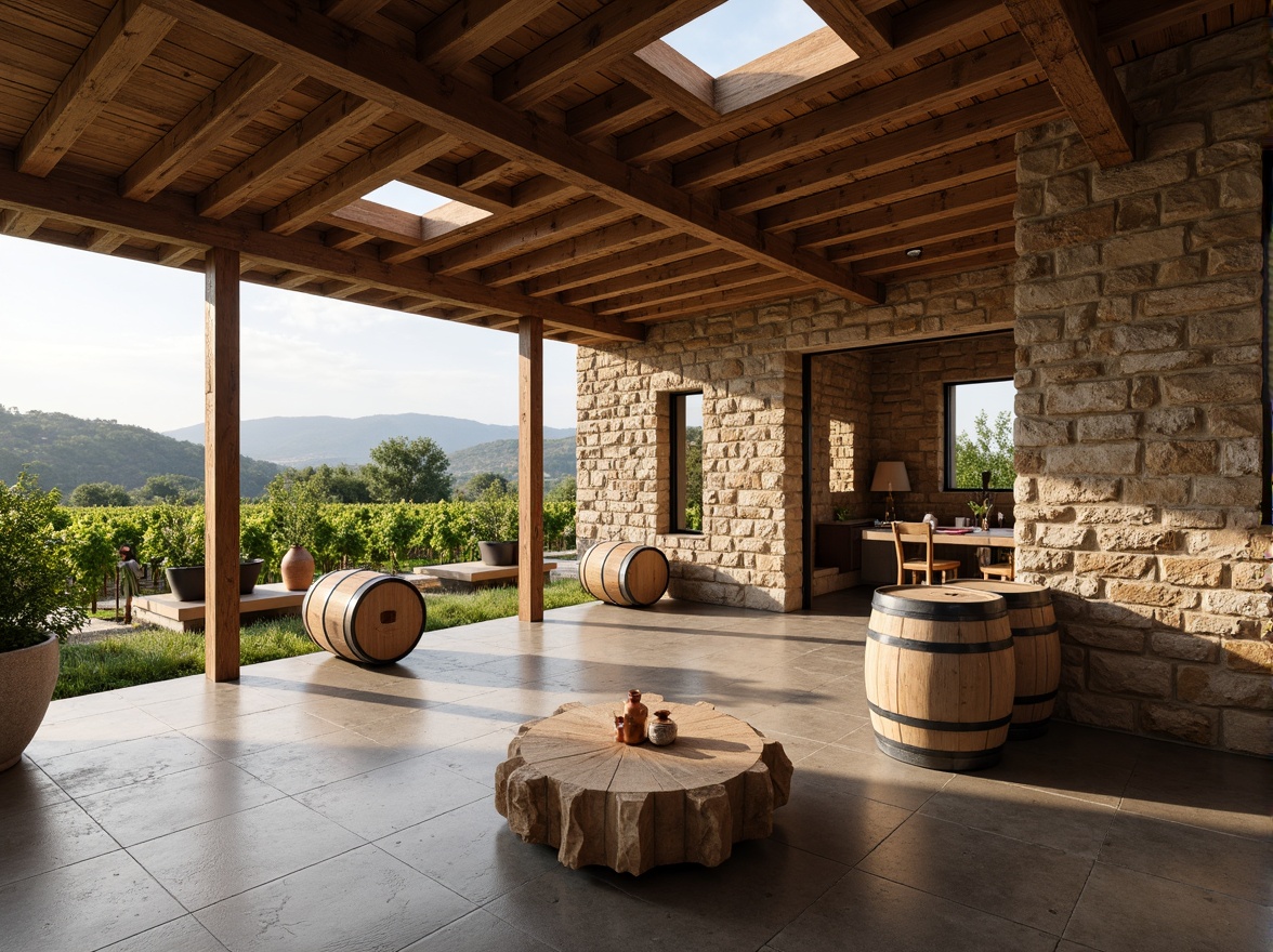 Prompt: Rustic winery, stone walls, wooden barrels, vineyard views, rolling hills, Mediterranean landscape, modern structuralist architecture, clean lines, minimalist design, industrial chic, metal accents, reclaimed wood, earthy tones, natural light, clerestory windows, open floor plan, functional spaces, wine cellar, tasting room, fermentation tanks, oak aging rooms, rustic decor, warm ambient lighting, shallow depth of field, 2/3 composition, realistic textures, ambient occlusion.