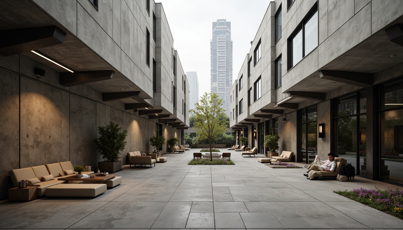 Prompt: Exposed concrete walls, rugged textures, brutalist architecture, high school courtyard, harsh overhead lighting, dramatic shadows, industrial-style metal beams, raw concrete floors, minimalist decor, functional furniture, urban cityscape background, overcast sky, soft indirect natural light, warm color temperature, low-key ambient occlusion, 1/2 composition, narrow aperture, realistic materials, subtle grain texture.