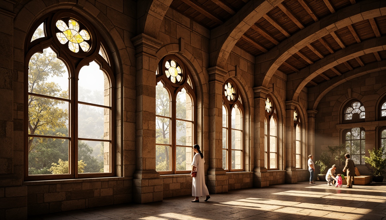 Prompt: Rustic stone walls, ornate carvings, grand arched windows, stained glass details, intricate column capitals, weathered brick facades, medieval-inspired architecture, warm golden lighting, soft misty atmosphere, shallow depth of field, 1/2 composition, symmetrical framing, rich textures, ambient occlusion.