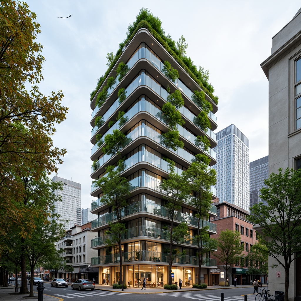 Prompt: Eco-friendly skyscraper, lush green roofs, vertical gardens, solar panels, wind turbines, rainwater harvesting systems, recycled materials, minimalist design, energy-efficient systems, double glazing, natural ventilation, airy atriums, bamboo flooring, reclaimed wood accents, living walls, urban agriculture, organic waste management, electric vehicle charging stations, bike-friendly infrastructure, pedestrianized streets, vibrant street art, cloudy day, soft diffused lighting, shallow depth of field, 1/1 composition, realistic textures, ambient occlusion.