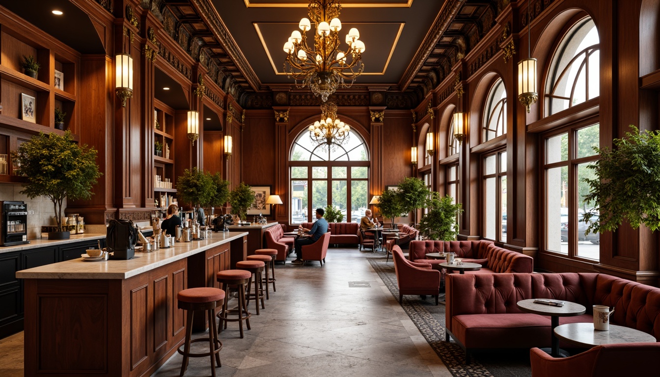 Prompt: Elegant coffee shop interior, rich wood tones, polished marble countertops, ornate gold accents, velvet upholstery, intricate moldings, high ceilings, grand chandeliers, soft warm lighting, natural stone flooring, classic columns, symmetrical composition, 1/1 aspect ratio, shallow depth of field, realistic textures, ambient occlusion.