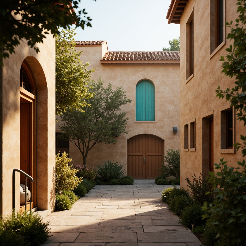 Prompt: Warm beige stone walls, rustic terracotta roofs, ornate carvings, grand archways, vibrant turquoise accents, earthy brown wooden doors, soft golden lighting, misty morning atmosphere, shallow depth of field, 1/2 composition, realistic textures, ambient occlusion, natural stone pathways, lush greenery, blooming flowers, serene courtyard, peaceful ambiance.