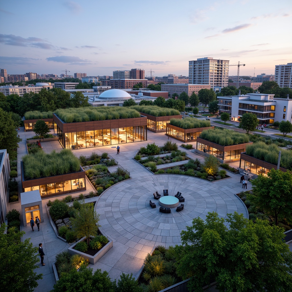 Prompt: Vibrant cultural center, harmonious landscape integration, lush green roofs, native plant species, meandering walkways, natural stone pavilions, water features, public art installations, dynamic lighting systems, flexible outdoor spaces, amphitheater seating, panoramic city views, modern minimalist architecture, sleek glass facades, cantilevered overhangs, warm wooden accents, cultural heritage exhibitions, interactive exhibits, immersive experiences, soft evening lighting, 1/2 composition, atmospheric perspective, realistic textures.