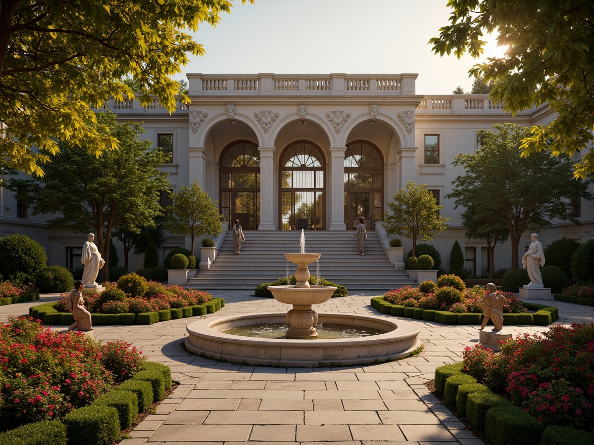 Prompt: Ornate fountain, grand staircase, symmetrical gardens, manicured hedges, topiary trees, vibrant flowerbeds, statues of mythological figures, intricate stone carvings, ornate iron gates, meandering walkways, tranquil ponds, reflecting pools, majestic entranceways, dramatic lighting effects, warm golden illumination, 1/2 composition, shallow depth of field, realistic textures, ambient occlusion.