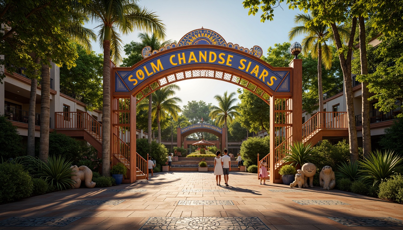 Prompt: Vibrant zoo entrance, ornate metal gates, Art Deco patterns, geometric shapes, bold typography, exotic animal sculptures, lush greenery, tropical plants, colorful mosaic tiles, curved lines, ornamental details, grand staircases, luxurious materials, warm golden lighting, shallow depth of field, 1/1 composition, symmetrical view, realistic textures, ambient occlusion.