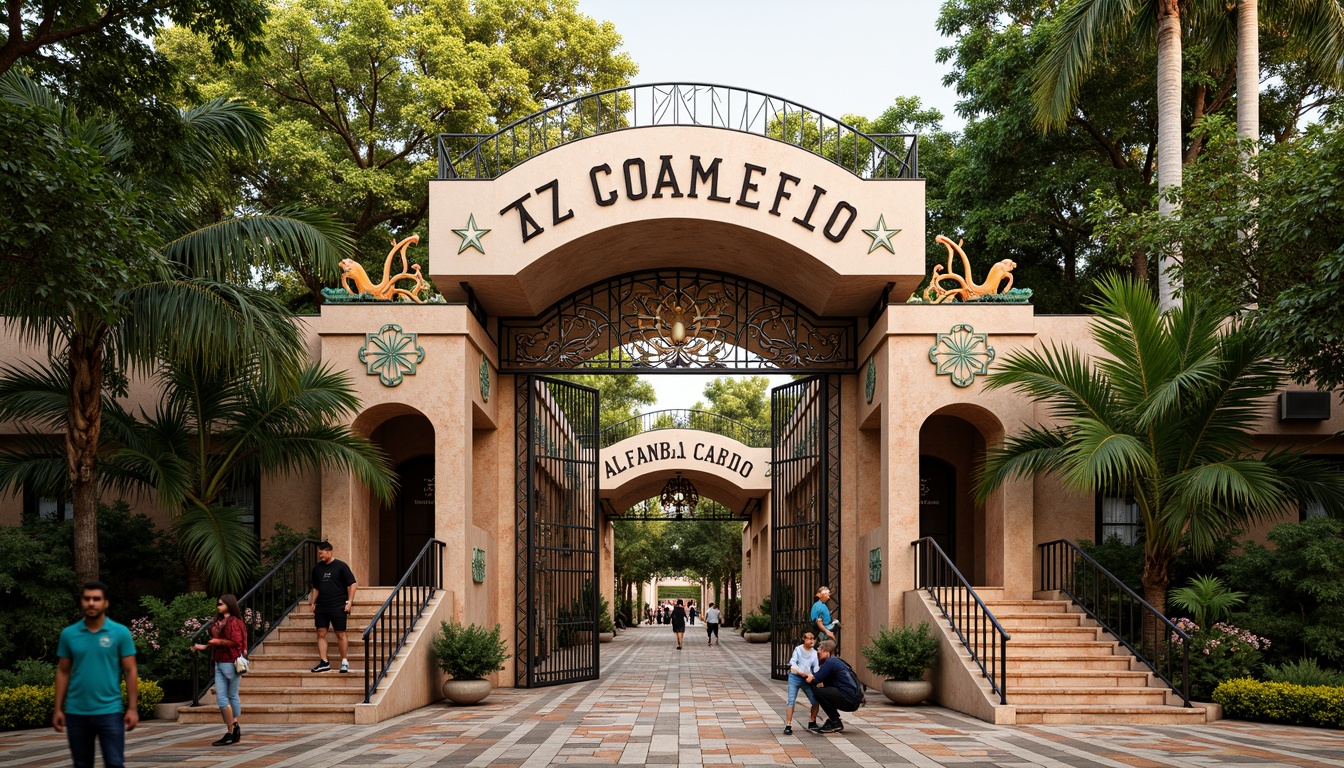 Prompt: Vibrant zoo entrance, ornate metal gates, Art Deco patterns, geometric shapes, bold typography, exotic animal sculptures, lush greenery, tropical plants, colorful mosaic tiles, curved lines, ornamental details, grand staircases, luxurious materials, warm golden lighting, shallow depth of field, 1/1 composition, symmetrical view, realistic textures, ambient occlusion.