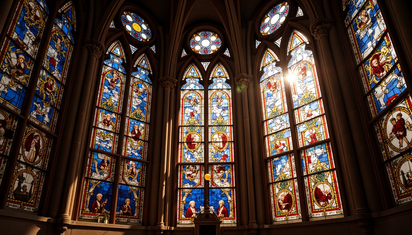 Prompt: Vibrant stained glass windows, intricate geometric patterns, rich jewel-toned colors, ornate designs, Gothic architecture, grand cathedral settings, morning sunlight, warm golden lighting, shallow depth of field, 1/1 composition, symmetrical framing, realistic textures, ambient occlusion.