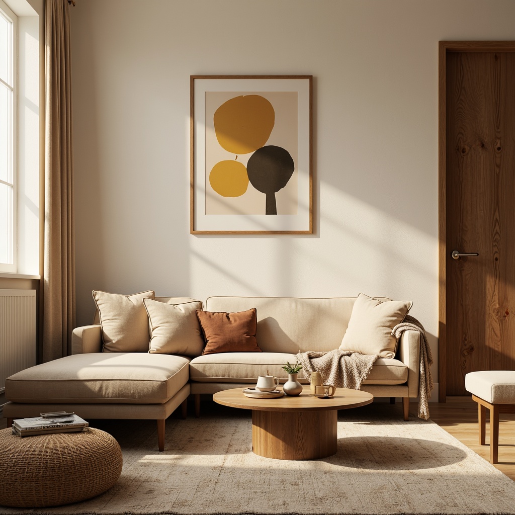 Prompt: Cozy living room, warm beige tones, plush velvet sofa, minimalist coffee table, abstract artwork, soft golden lighting, 1/1 composition, shallow depth of field, realistic textures, ambient occlusion; harmonious color palette, balanced proportions, natural wood accents, woven textiles, elegant curves, subtle patterns, calming atmosphere, peaceful ambiance.