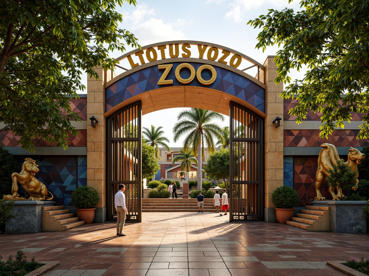 Prompt: Vibrant zoo entrance, ornate metal gates, Art Deco patterns, geometric shapes, bold typography, exotic animal sculptures, lush greenery, tropical plants, colorful mosaic tiles, curved lines, ornamental details, grand staircases, luxurious materials, warm golden lighting, shallow depth of field, 1/1 composition, symmetrical view, realistic textures, ambient occlusion.