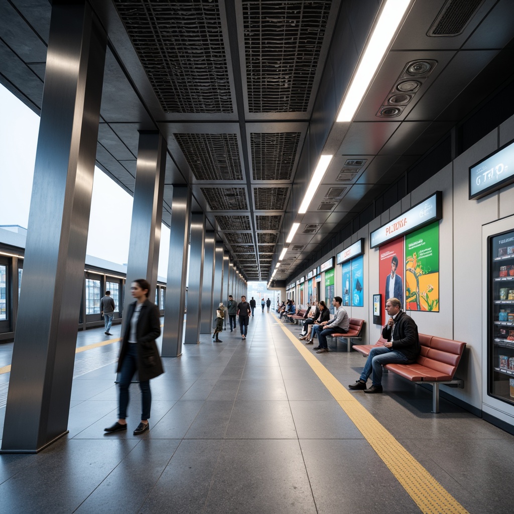 Prompt: Modern metro station interior, sleek stainless steel columns, futuristic LED lighting, minimalist benches, efficient passenger flow, clear signage, intuitive wayfinding, ample natural light, large digital displays, comfortable waiting areas, durable flooring materials, subtle color scheme, spacious platform design, logical route planning, convenient vending machines, modern information kiosks, 1/1 composition, softbox lighting, shallow depth of field, realistic reflections.