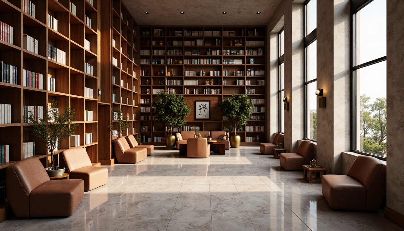 Prompt: Warm wooden shelves, rich leather-bound books, elegant marble floors, ornate bronze fixtures, soft warm lighting, comfortable reading nooks, natural stone walls, large windows with diffused light, minimalistic steel frames, modern minimalist design, subtle texture variations, realistic material reflections, ambient occlusion, 1/1 composition, shallow depth of field.