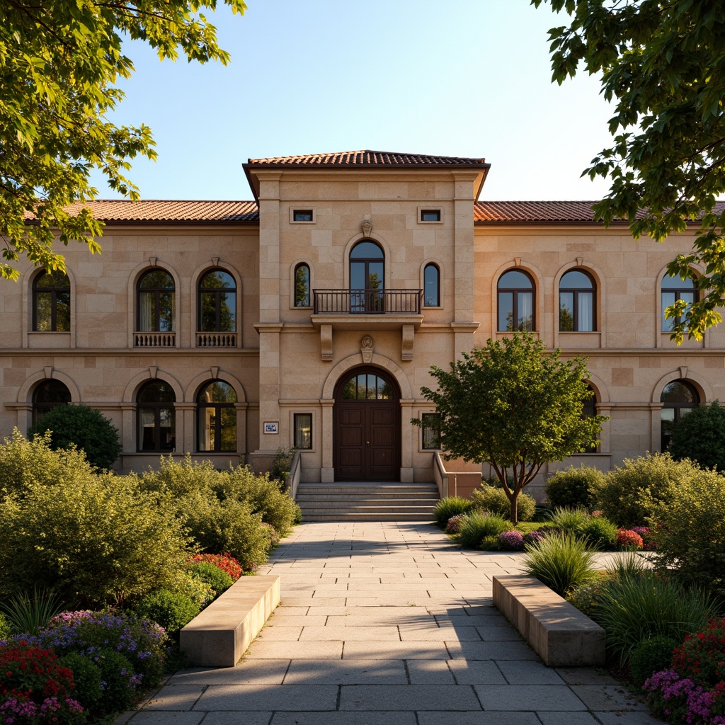 Prompt: Rustic school building, Romanesque style facades, arched windows, rounded doorways, stone carvings, ornate decorations, earthy tone walls, terracotta roof tiles, lush greenery, vibrant flowers, educational signs, natural stone walkways, worn wooden benches, warm afternoon sunlight, soft golden lighting, shallow depth of field, 3/4 composition, panoramic view, realistic textures, ambient occlusion.