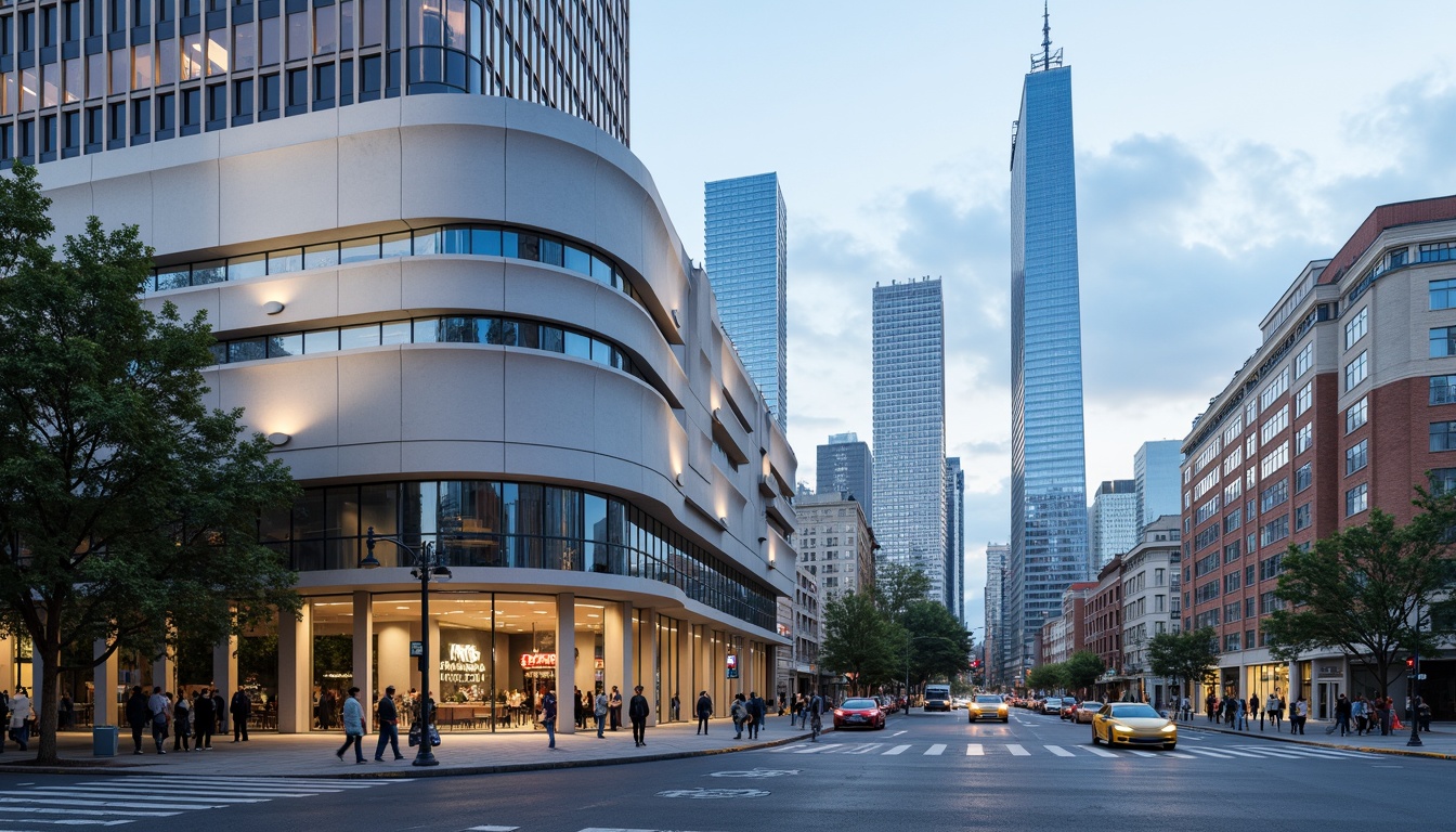 Prompt: Curved building facade, metallic materials, polished chrome accents, horizontal lines, minimalist ornamentation, rounded corners, large windows, sliding glass doors, urban cityscape, busy streets, modern skyscrapers, cloudy blue sky, soft natural lighting, shallow depth of field, 2/3 composition, symmetrical balance, realistic reflections, ambient occlusion.